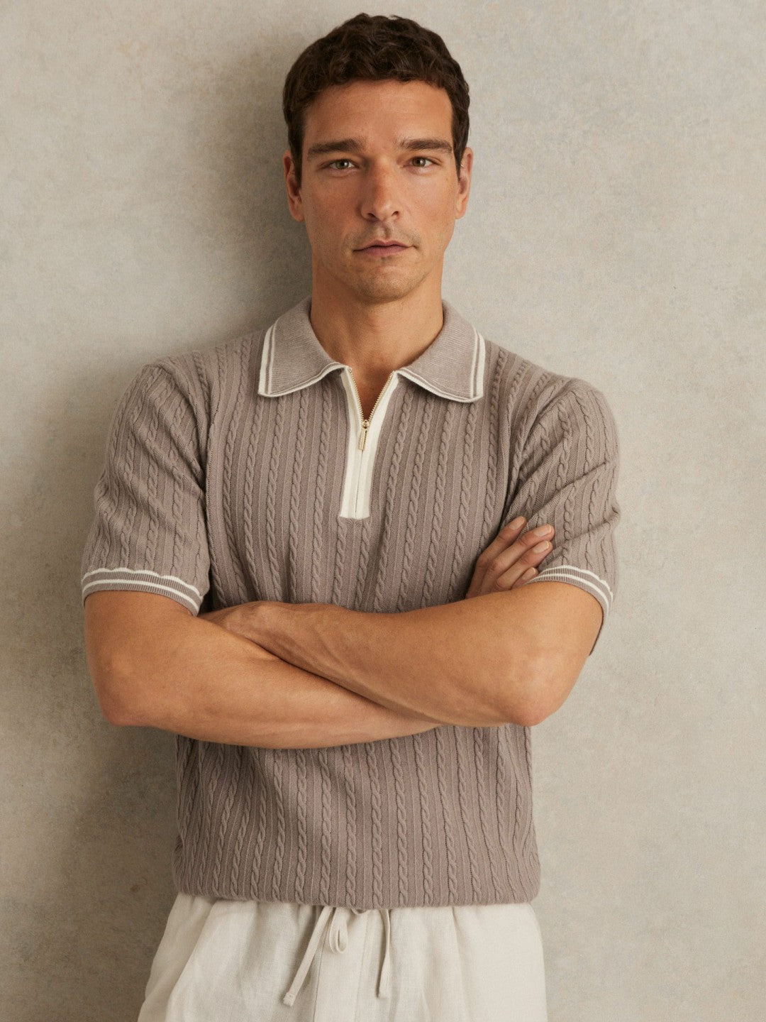 Micro-Cable Half-Zip Polo Shirt in Light Taupe Brown | Reiss Men Premium