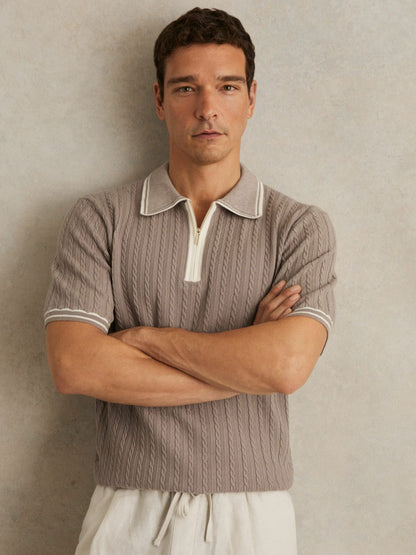 Micro-Cable Half-Zip Polo Shirt in Light Taupe Brown | Reiss Men Premium