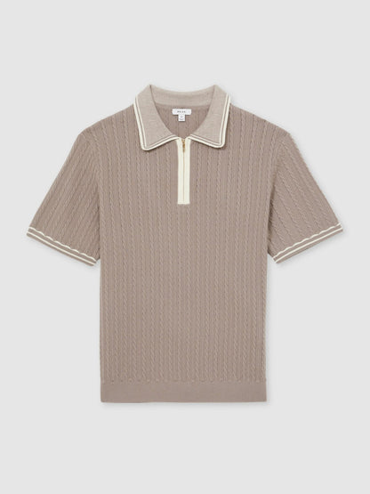 Micro-Cable Half-Zip Polo Shirt in Light Taupe Brown | Reiss Men Premium