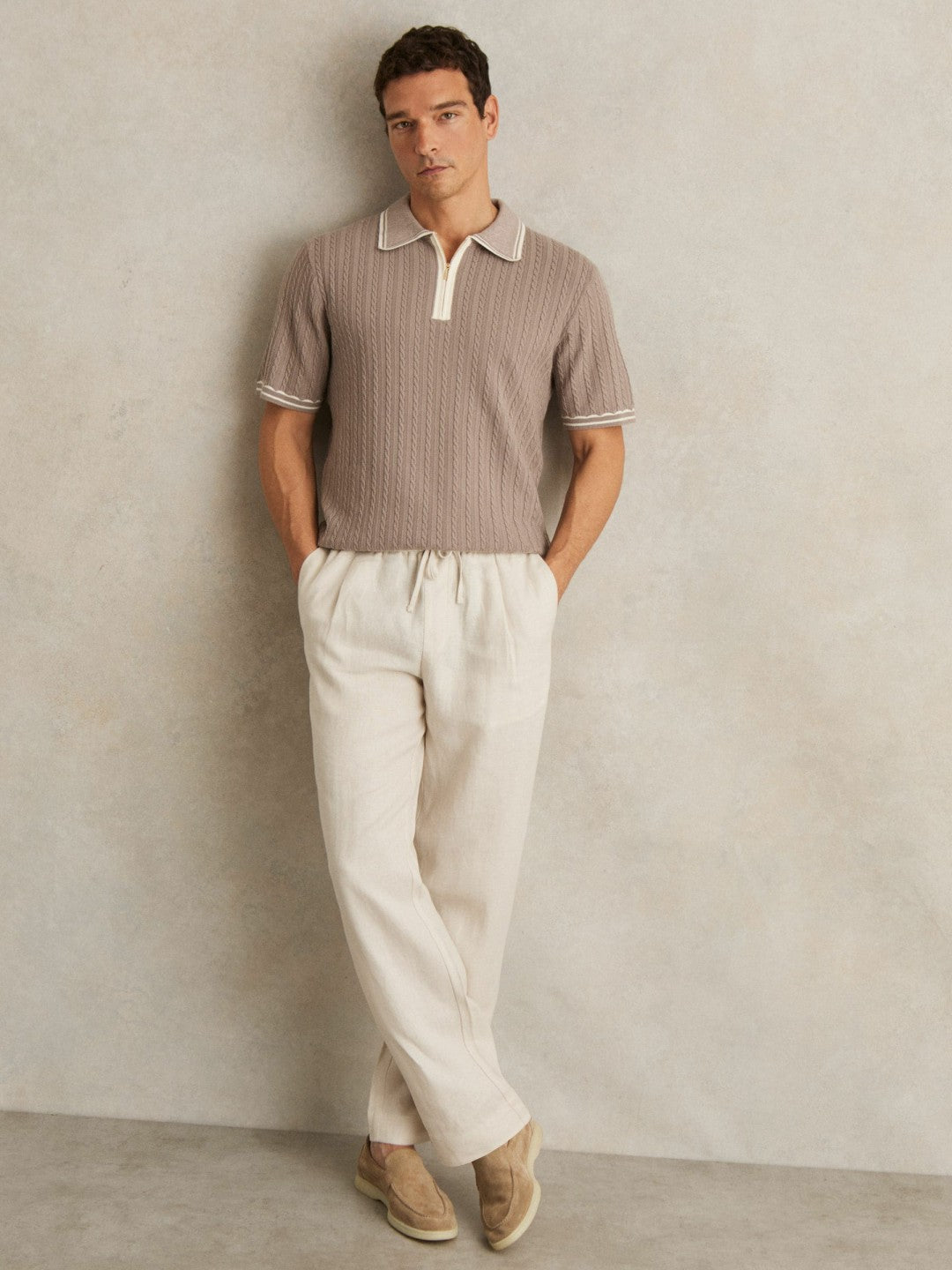 Micro-Cable Half-Zip Polo Shirt in Light Taupe Brown | Reiss Men Premium