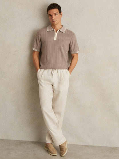 Micro-Cable Half-Zip Polo Shirt in Light Taupe Brown | Reiss Men Premium