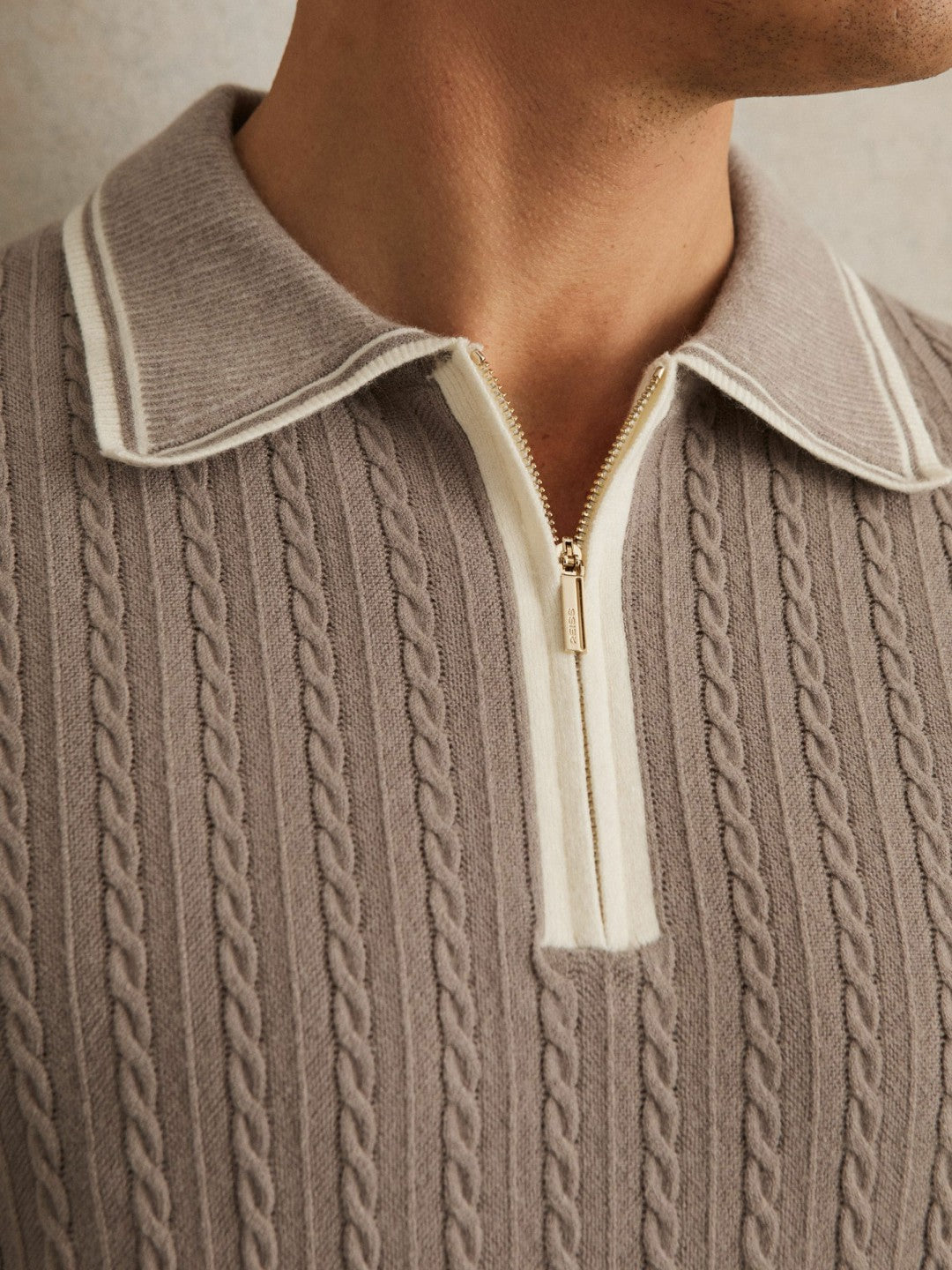 Micro-Cable Half-Zip Polo Shirt in Light Taupe Brown | Reiss Men Premium