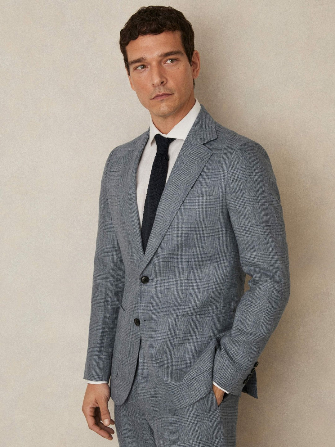 Slim Fit Single Breasted Linen Check Suit Blazer in Soft Blue | Reiss Men Exclusive