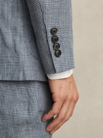 Slim Fit Single Breasted Linen Check Suit Blazer in Soft Blue | Reiss Men Exclusive