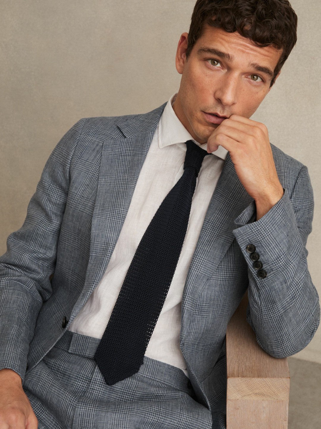 Slim Fit Single Breasted Linen Check Suit Blazer in Soft Blue | Reiss Men Exclusive