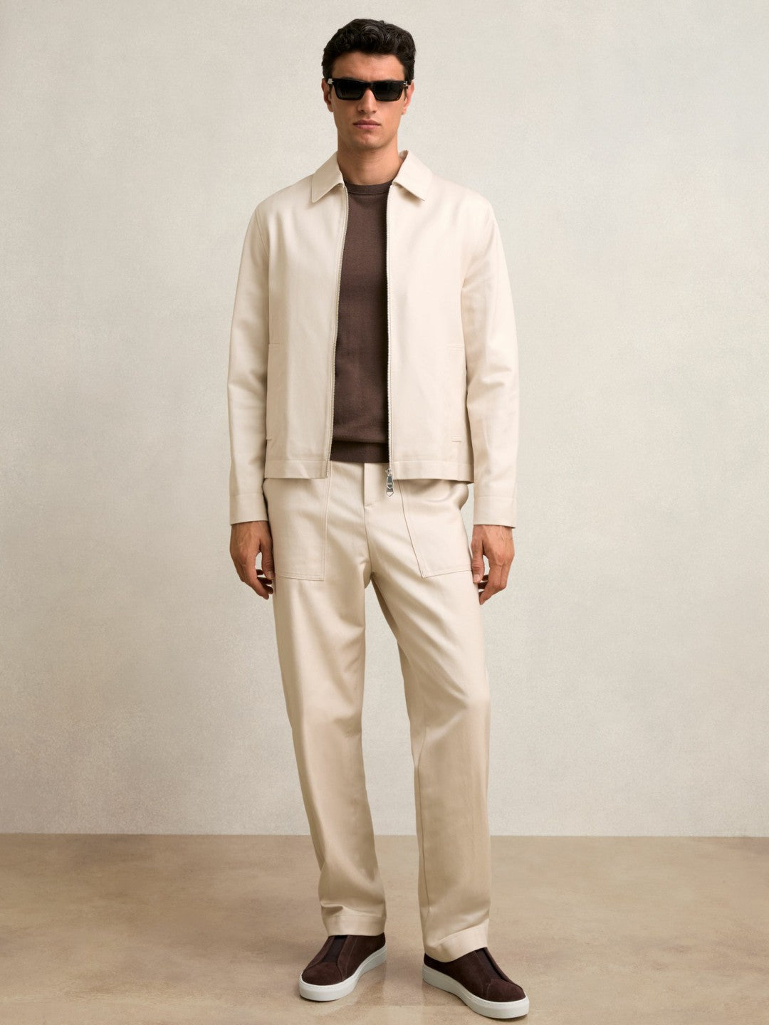 Lyocell-Cotton Zip-Through Twill Jacket in Ecru | Reiss Men Signature