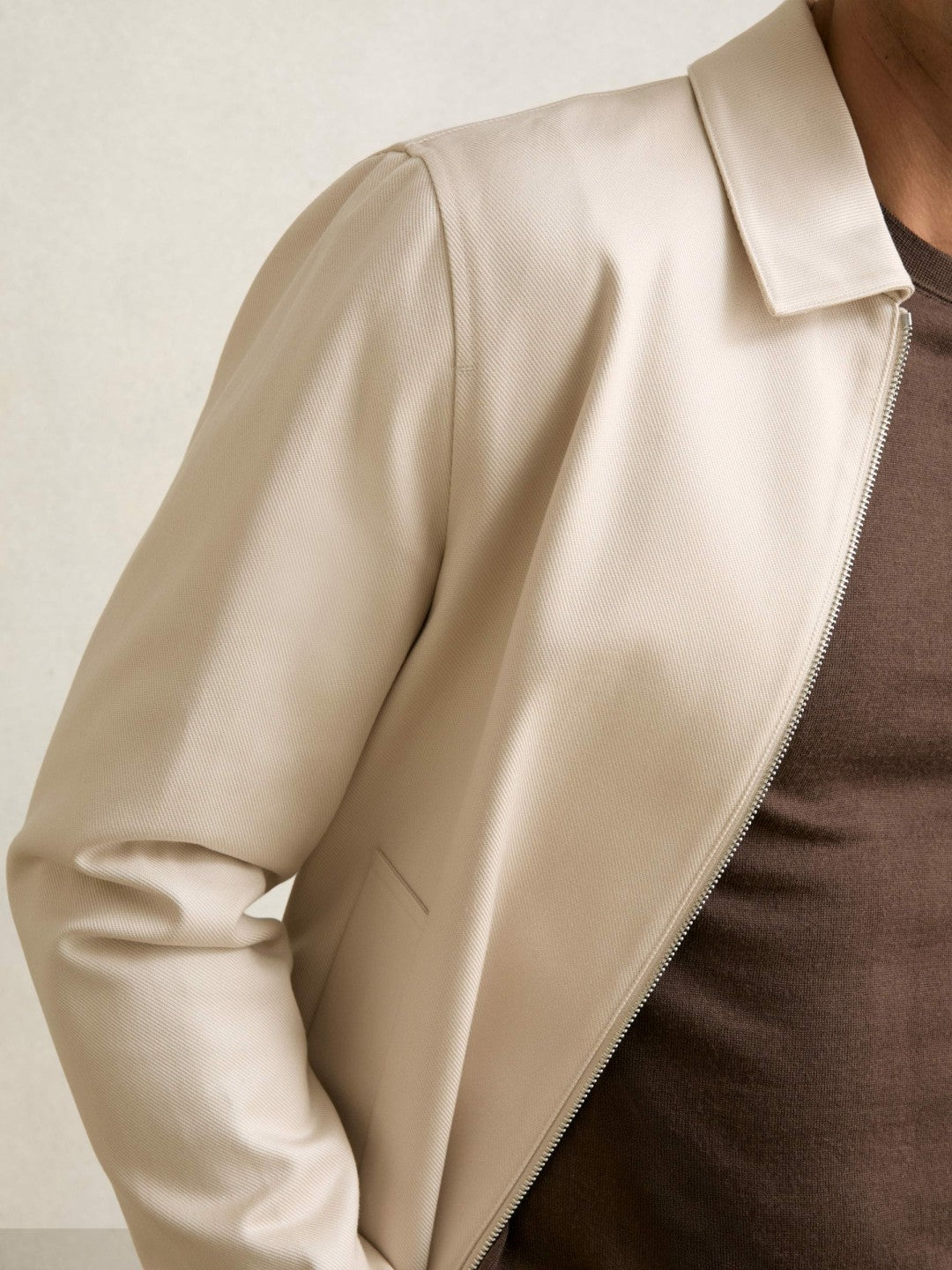 Lyocell-Cotton Zip-Through Twill Jacket in Ecru | Reiss Men Signature