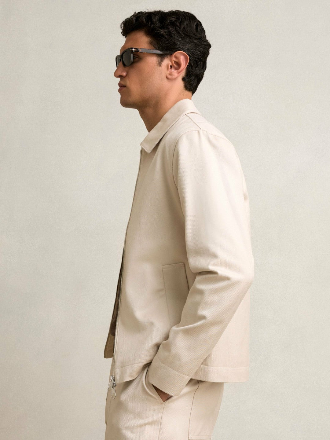 Lyocell-Cotton Zip-Through Twill Jacket in Ecru | Reiss Men Signature