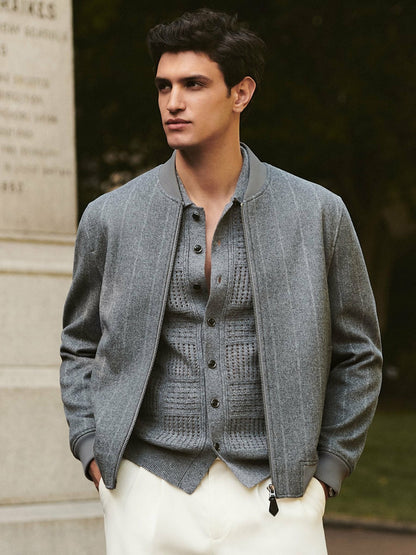 Wool-Blend Chalk-Stripe Bomber Jacket in Grey | Reiss Men Popular