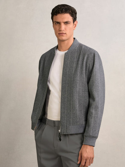 Wool-Blend Chalk-Stripe Bomber Jacket in Grey | Reiss Men Popular