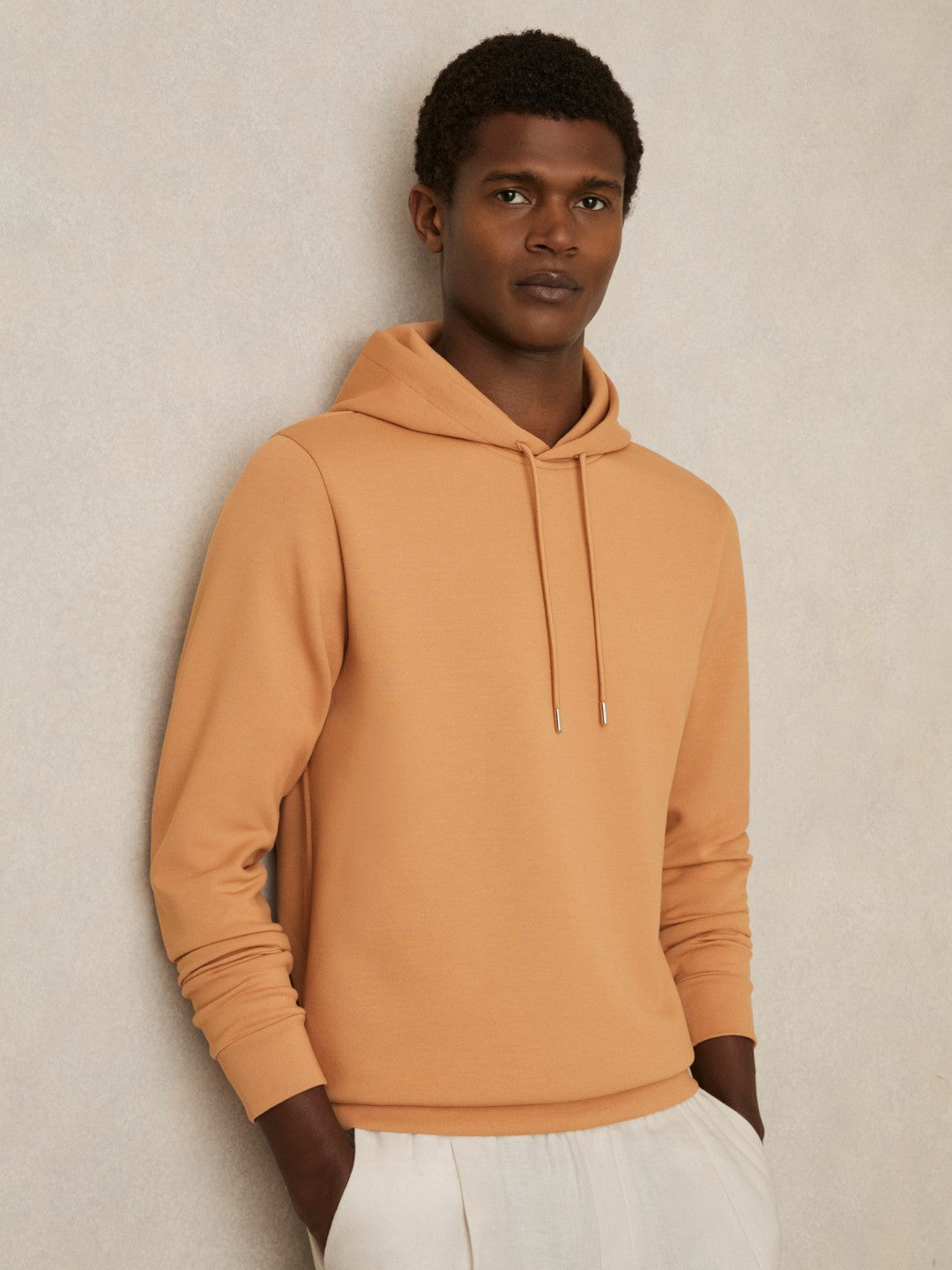 Interlock Jersey Drawstring Hoodie in Light Camel Brown | Reiss Men Popular