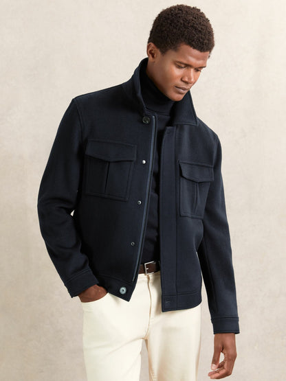 Wool Blend Twin Pocket Zipped Jacket in Navy | Reiss Men Premium
