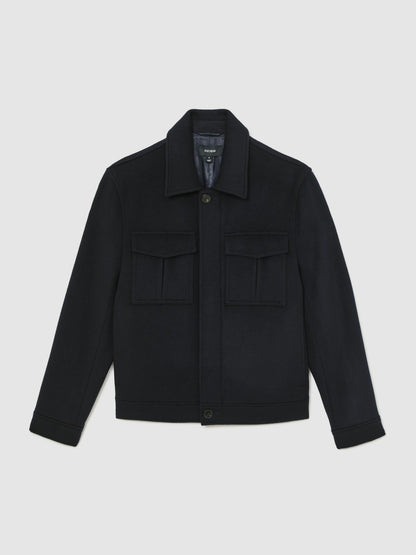 Wool Blend Twin Pocket Zipped Jacket in Navy | Reiss Men Premium