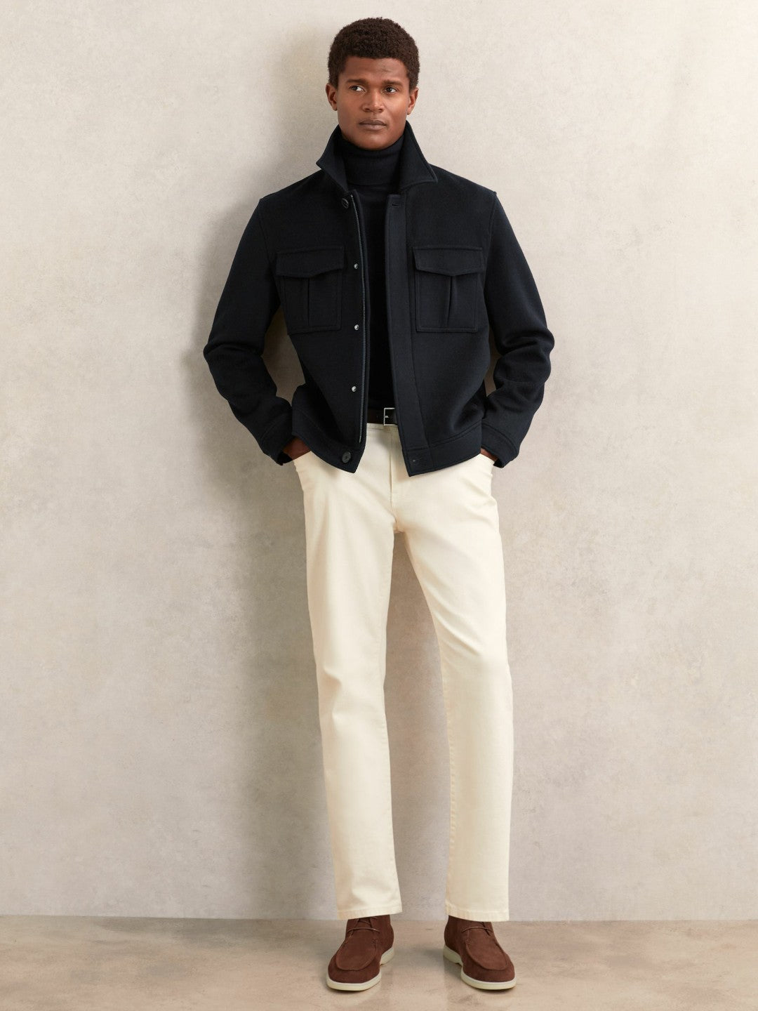 Wool Blend Twin Pocket Zipped Jacket in Navy | Reiss Men Premium