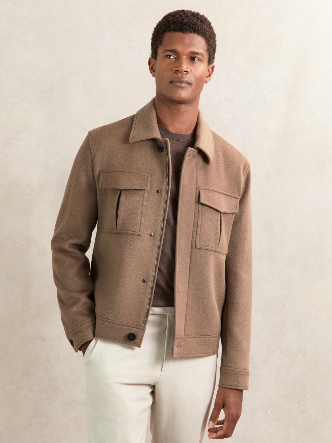 Wool Blend Twin Pocket Zipped Jacket in Dark Brown | Reiss Men Exclusive
