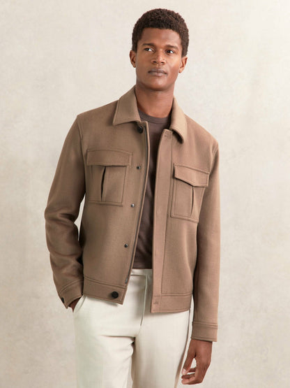 Wool Blend Twin Pocket Zipped Jacket in Dark Brown | Reiss Men Exclusive