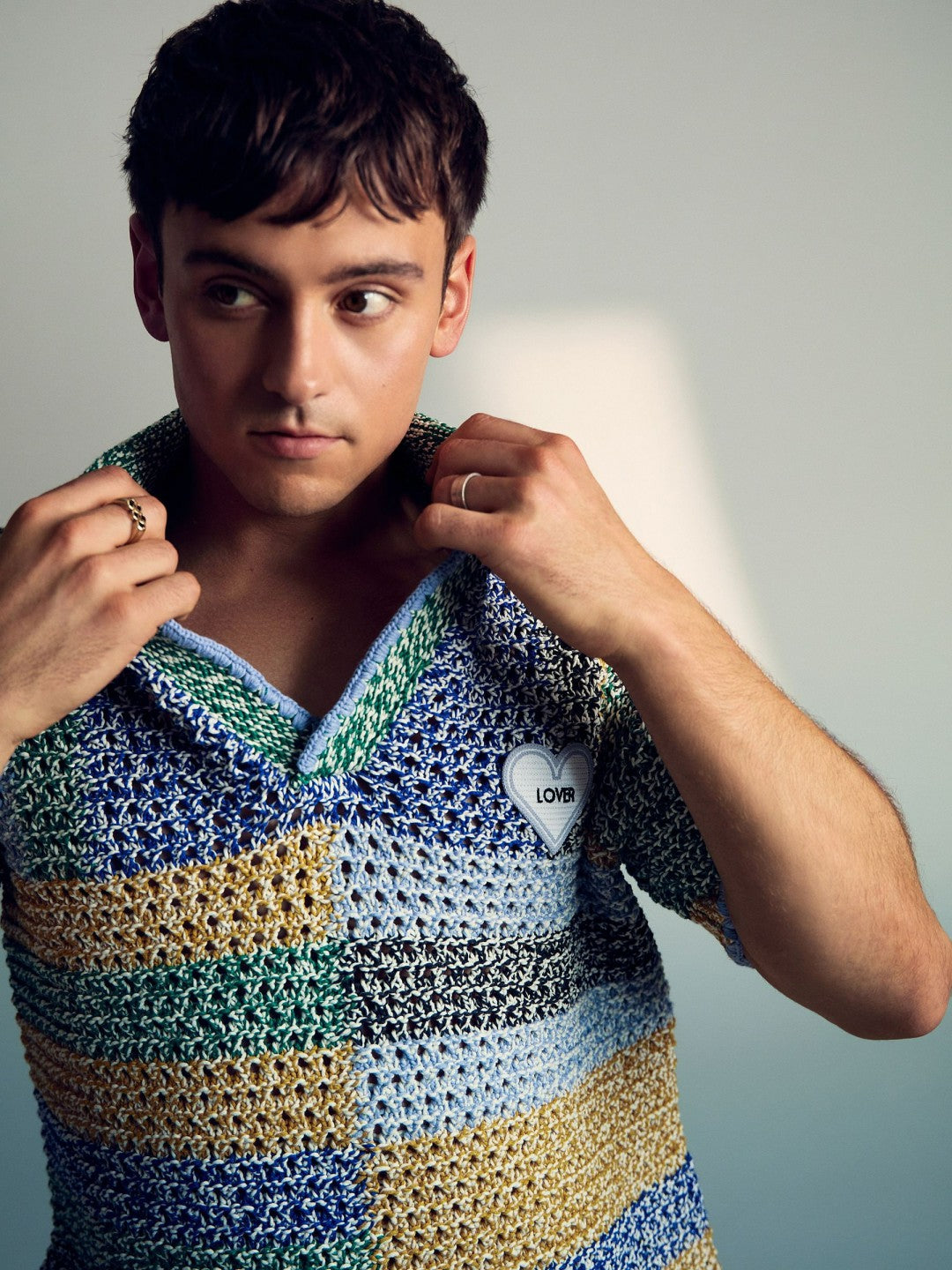 | Tom Daley Crochet Polo Shirt in Yellow/Green/Blue Multi | Reiss Men Trending