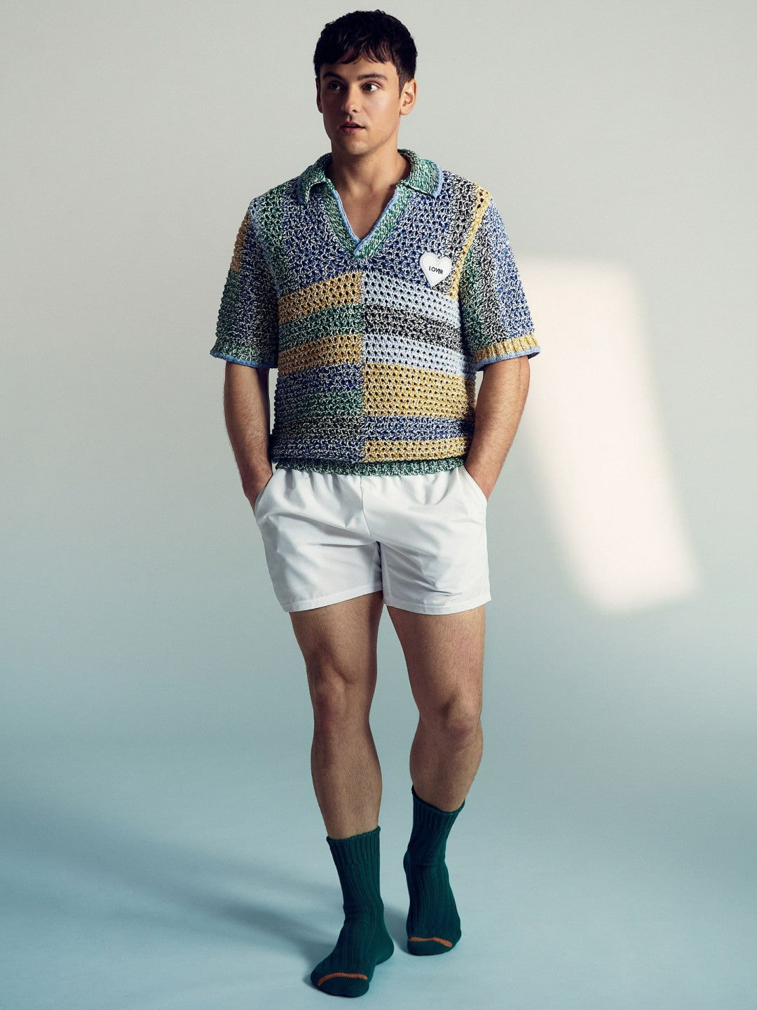| Tom Daley Crochet Polo Shirt in Yellow/Green/Blue Multi | Reiss Men Trending