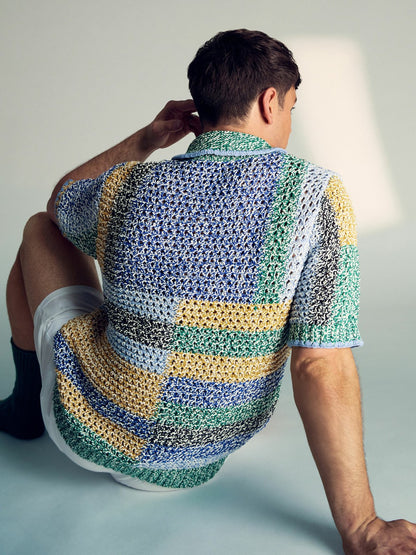 | Tom Daley Crochet Polo Shirt in Yellow/Green/Blue Multi | Reiss Men Trending