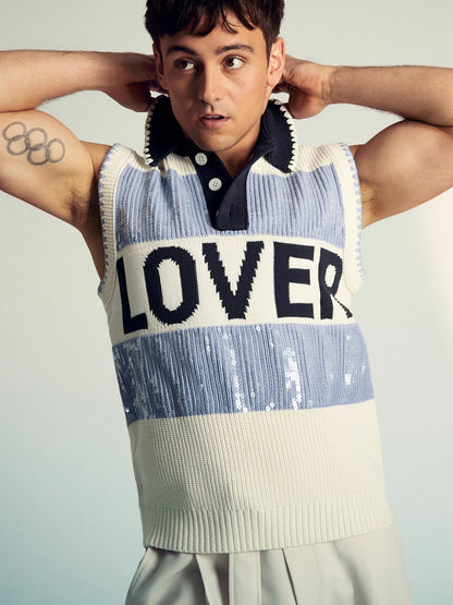 | Tom Daley Stripe Polo Vest in Soft Blue | Reiss Men Exclusive