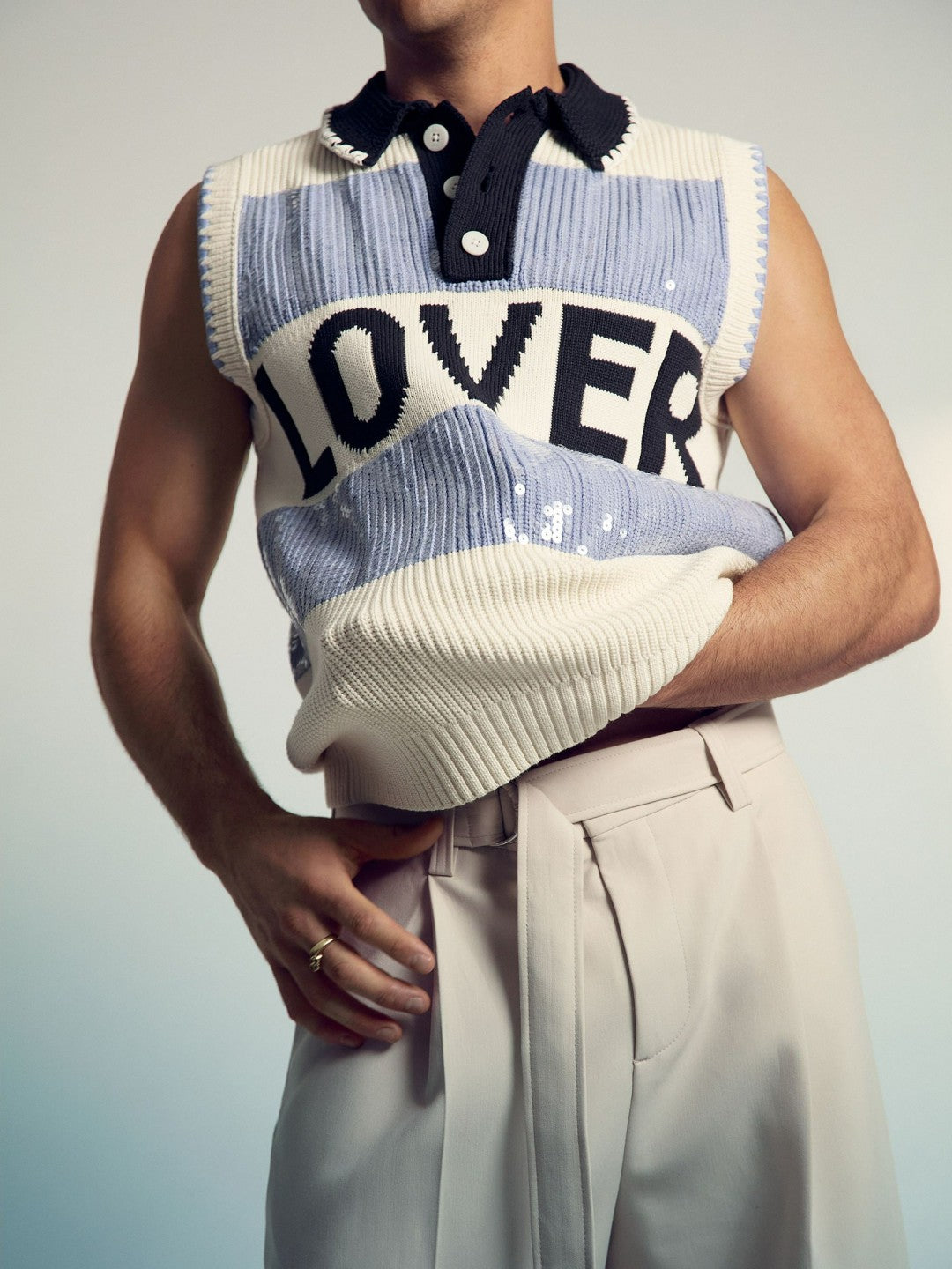 | Tom Daley Stripe Polo Vest in Soft Blue | Reiss Men Exclusive