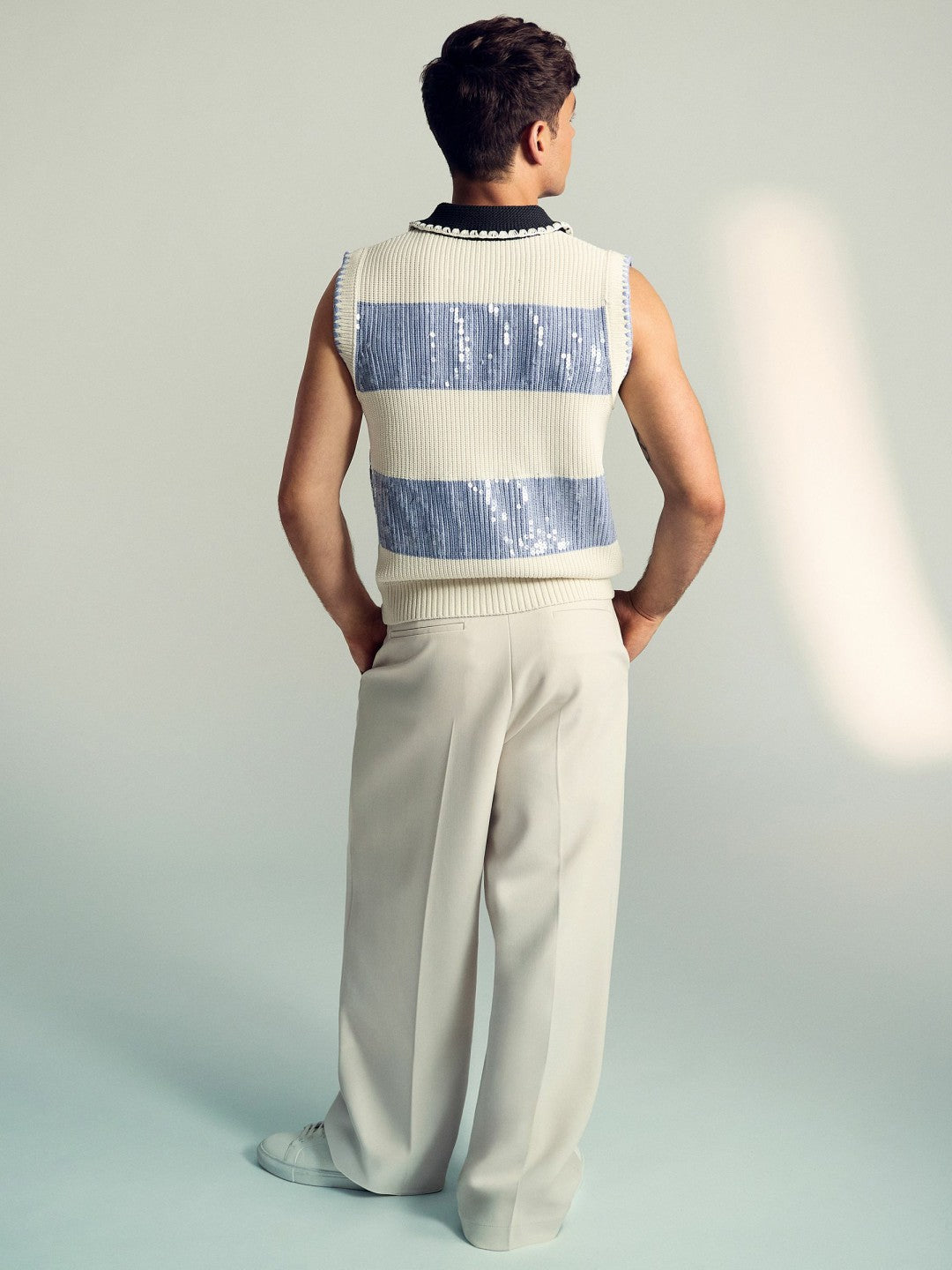 | Tom Daley Stripe Polo Vest in Soft Blue | Reiss Men Exclusive