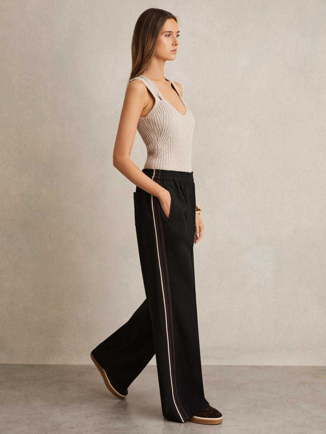 Side-Stripe Wide-Leg Trousers in Black | Reiss Women Exclusive