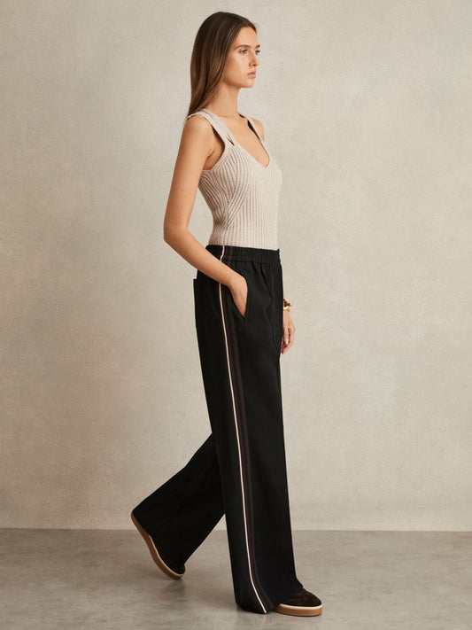 Side-Stripe Wide-Leg Trousers in Black | Reiss Women Exclusive