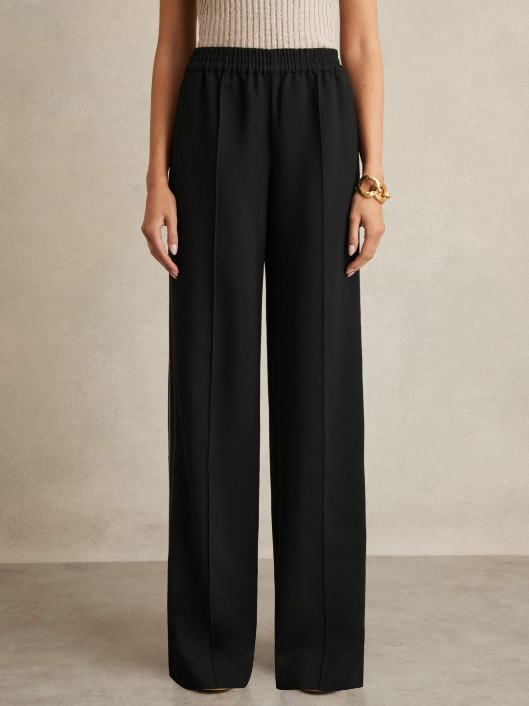 Side-Stripe Wide-Leg Trousers in Black | Reiss Women Exclusive