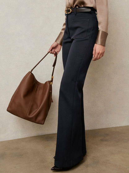 Petite Twill Patch-Pocket Flared Trousers in Navy | Reiss Women New