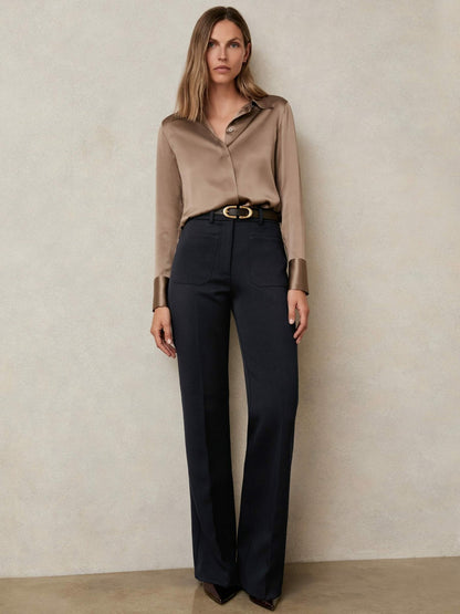 Petite Twill Patch-Pocket Flared Trousers in Navy | Reiss Women New