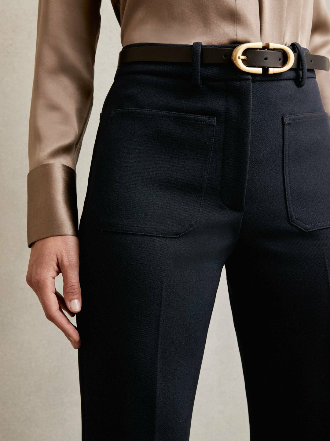 Petite Twill Patch-Pocket Flared Trousers in Navy | Reiss Women New