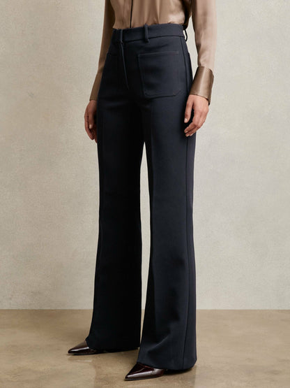 Petite Twill Patch-Pocket Flared Trousers in Navy | Reiss Women New