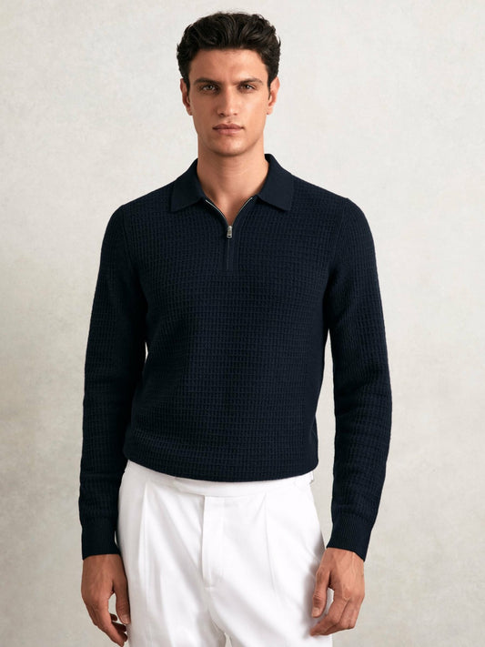 Wool Waffle-Knit Half-Zip Polo Shirt in Navy | Reiss Men Signature
