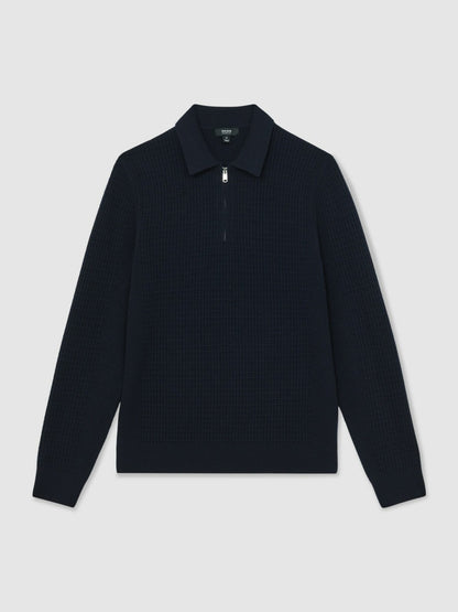 Wool Waffle-Knit Half-Zip Polo Shirt in Navy | Reiss Men Signature