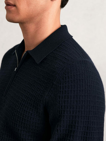 Wool Waffle-Knit Half-Zip Polo Shirt in Navy | Reiss Men Signature