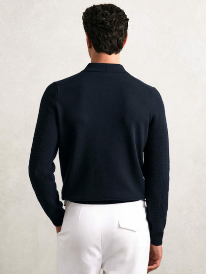 Wool Waffle-Knit Half-Zip Polo Shirt in Navy | Reiss Men Signature