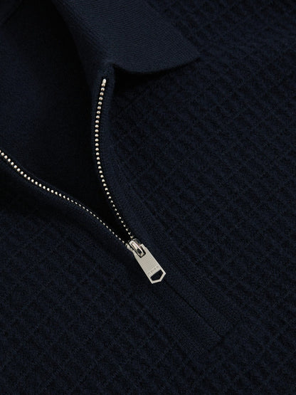 Wool Waffle-Knit Half-Zip Polo Shirt in Navy | Reiss Men Signature
