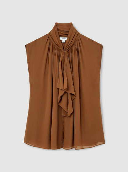 Crepe-Chiffon Ruffle Sleeveless Top in Tan Brown | Reiss Women Signature
