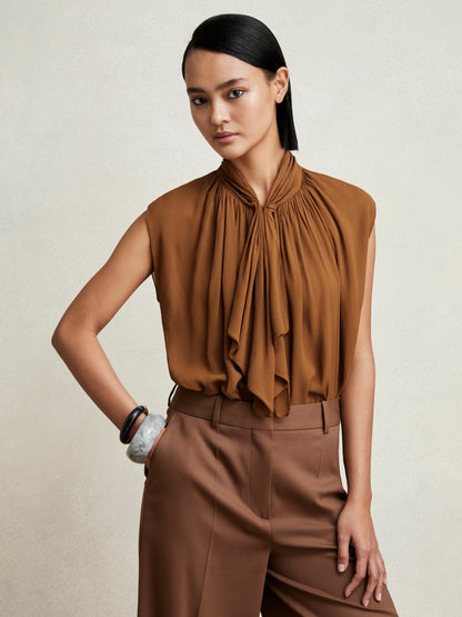 Crepe-Chiffon Ruffle Sleeveless Top in Tan Brown | Reiss Women Signature