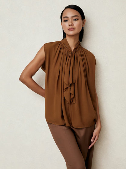 Crepe-Chiffon Ruffle Sleeveless Top in Tan Brown | Reiss Women Signature