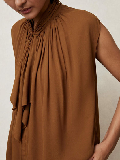 Crepe-Chiffon Ruffle Sleeveless Top in Tan Brown | Reiss Women Signature