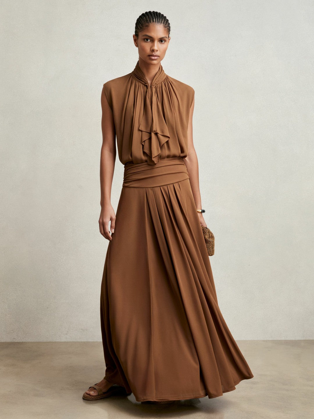 Jersey Ruched-Waist Maxi Skirt in Tan Brown | Reiss Women Exclusive