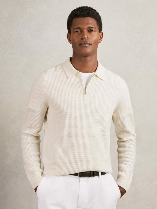 Wool Waffle-Knit Half-Zip Polo Shirt in Off White | Reiss Men New