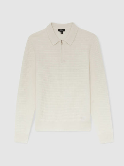 Wool Waffle-Knit Half-Zip Polo Shirt in Off White | Reiss Men New