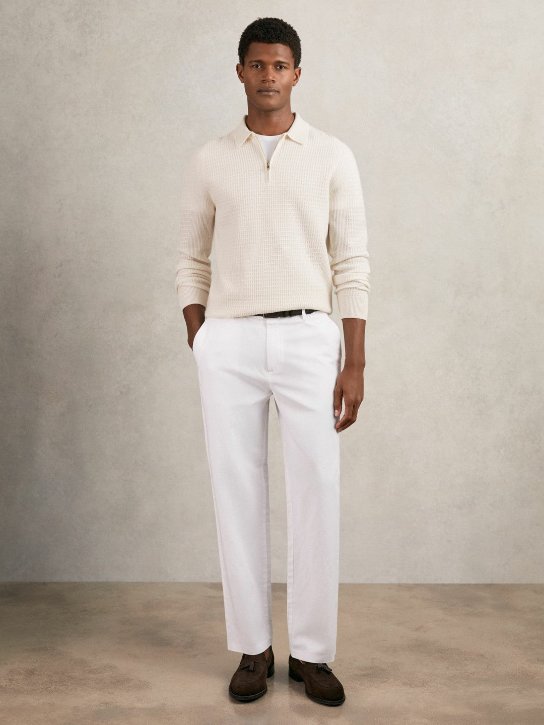 Wool Waffle-Knit Half-Zip Polo Shirt in Off White | Reiss Men New