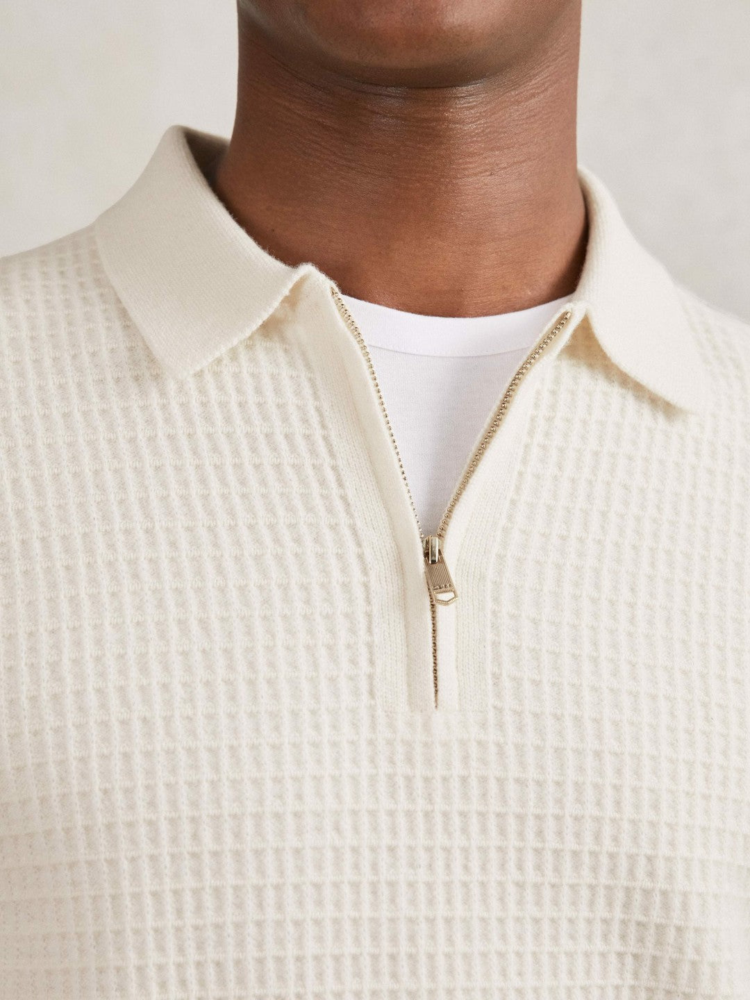 Wool Waffle-Knit Half-Zip Polo Shirt in Off White | Reiss Men New