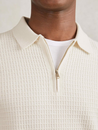 Wool Waffle-Knit Half-Zip Polo Shirt in Off White | Reiss Men New