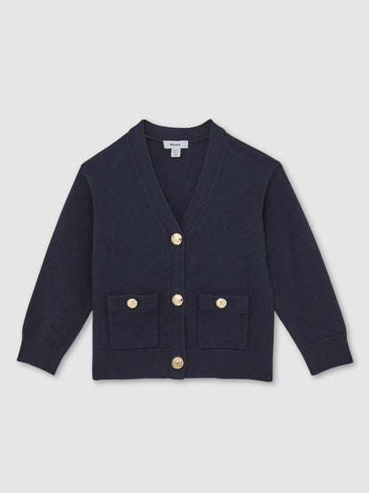 13-14 yrs Knitted Embossed-Button Cardigan in Navy | Reiss Children & Baby Featured