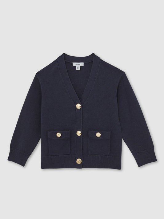 13-14 yrs Knitted Embossed-Button Cardigan in Navy | Reiss Children & Baby Featured